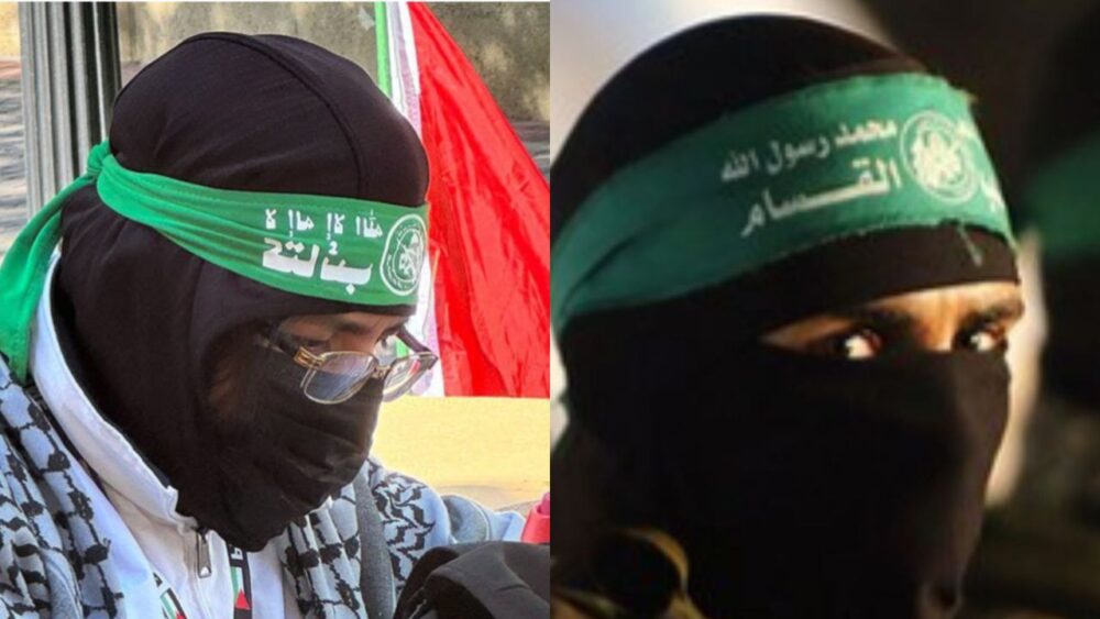 Estudiante muestra orgulloso diadema de Hamas en las protestas de las universidades en EEUU