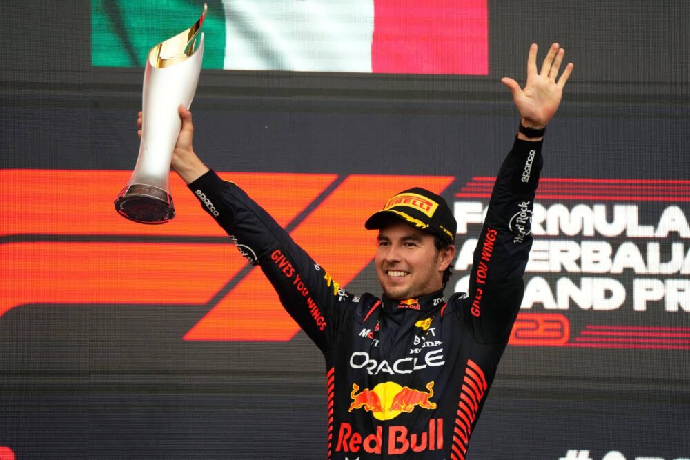 Red Bull driver Sergio Perez of Mexico celebrates on the